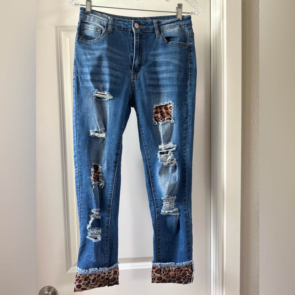 Woman’s Distressed Jeans with Leopard Print Patches Size Medium